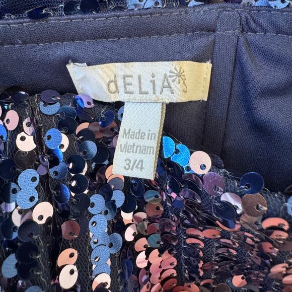 Vintage Y2K dELiA*s Dark Blue Sequined Spaghetti Strap Tiered Mini Dress - Picture 7 of 8